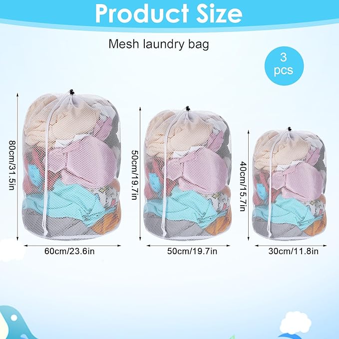 Thinp 3 Pcs Mesh Laundry Bags with Drawstring, Mesh Wash Bags Garment Bag for Washing Machine Heavy Duty Net Washing Bag Net LaundryBag for Dormitory College Apartment Travelling Camping (White)