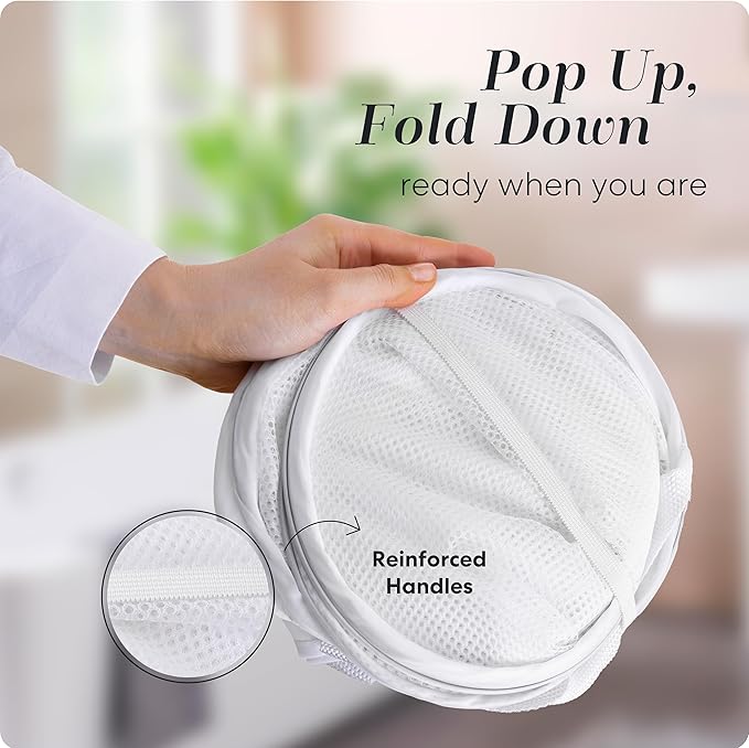 Foldable Laundry Basket - Popup and Collapsible, Durable Mesh Material, Folds for Storage, Easy Carry Handles - Great Hamper for College Dorm, Laundry Room or Travel (White, 2-Compartments)