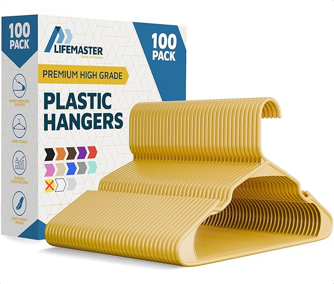 Lifemaster Plastic Clothes Hangers – Heavy Duty Hanger Set, for Organizing Clothes, Dresses, and Coat, Holds Up to 5 lbs, Space-Saving Hangers with Non-Slip Shoulder Grooves, Pack of 100, Yellow