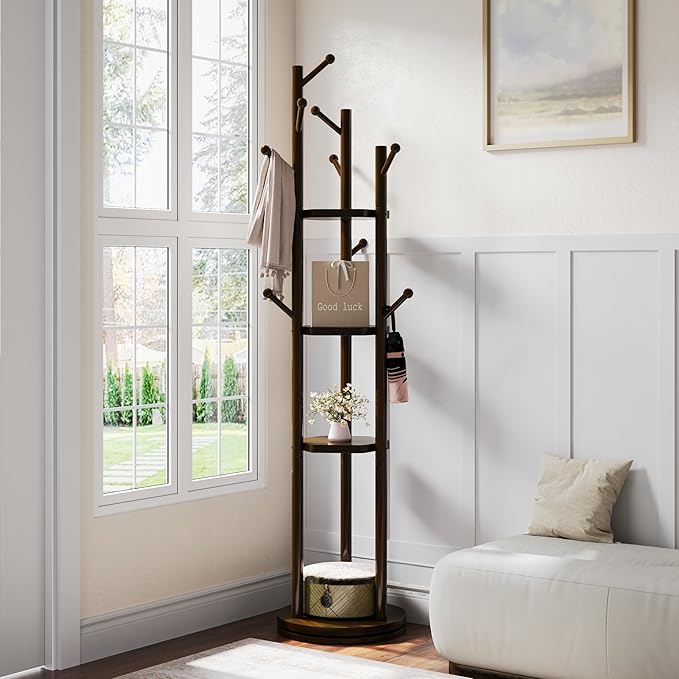 Solid Wood Coat Rack Freestanding, Rotating Coat Rack with 3 Shelves and 9 Hooks, Coat Tree for Bedroom, Entryway, Livingroom, Coat Hanger Stand for Coats, Scarves, Handbags (Brown)