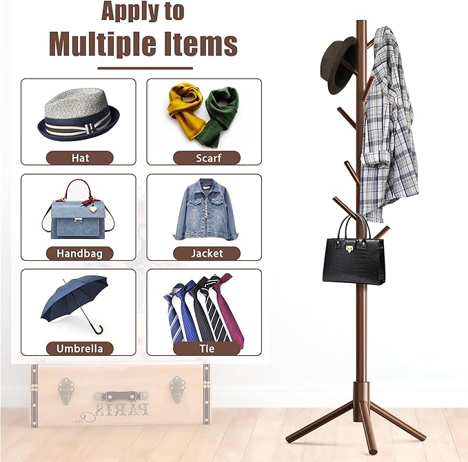 Haddockway Wooden Coat Rack Stand with 8 Hooks New Zealand Pine 3 Adjustable Coat Standing Tree Easy Assembly for Coats, Hats, Scarves and Handbags for Entryway, Hallway, Bedroom, Office,2 PCS