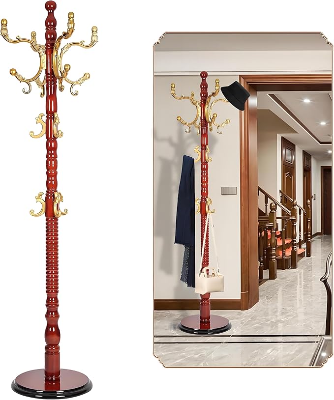 Coat Rack Freestanding, Wooden Tree Coat Rack Stand with 3 Adjustable Sizes Coat Tree and 14 Hooks, Sturdy Hall Tree with Solid Round Base for Entryway, Hallway,Bedroom (Begonia)