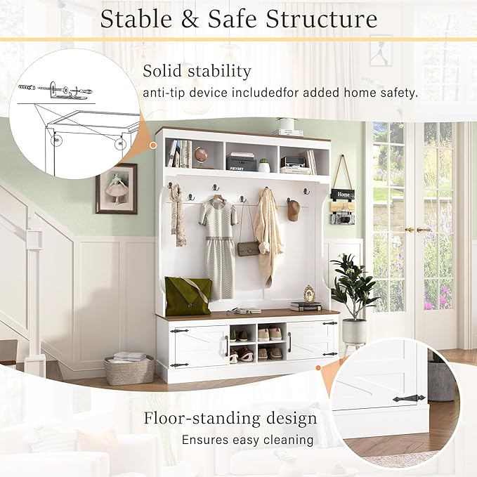 Farmhouse 71''H Hall Tree with Wooden Bench Seat, 5-in-1 Entryway Storage Organizer Cabinet with Bench and Shoe Storage, 4 Shoe Cubbies & 7 Hooks for Hallway, Entryway, Living Room