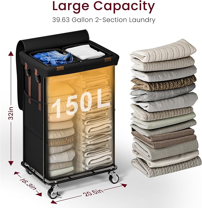 150L Rolling Laundry Basket with Wheels, Double Laundry Hamper with Lid and 2 Removable Bags, 2 Section Large Dirty Clothes Hamper for Laundry Room Bedroom Bathroom Dorm 19.7"Wx15.7"Dx31.9"H, Black