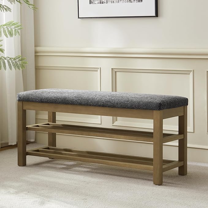 VKNOW 44.3” Wooden Entryway Bench, 2-Tier Upholstered Shoe Bench for Bedroom, Storage End of Bed Bench with Rubberwood Legs for Living Room, Hallway, Black