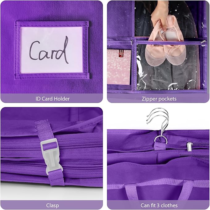 Univivi Dance Costume Bags Garment Bag 40 Inch for Dance Competitions, 3 Medium Clear Zipper Pockets and 2 Back Zippered Pocket, with 1 xPendant, 3 x Badge (Dark Purple)