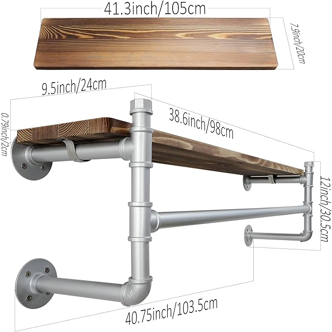 WEBI Wall Mounted Clothes Rack with Shelf,41.3" Industrial Pipe Clothing Rack with Shelf with Hanging Rod,Heavy Duty Iron Garment Rack Bar,Retail Display Clothes Rod for Laundry Room,Closet,Silver