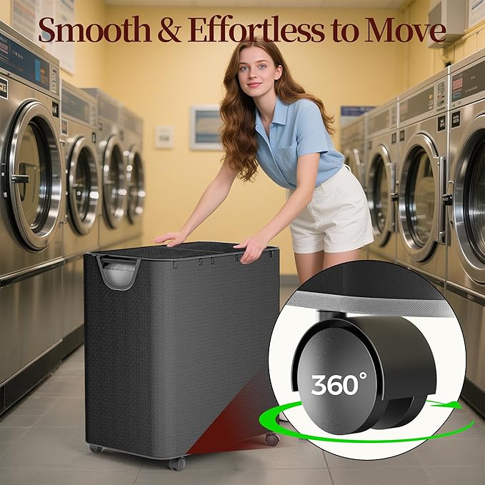 LAMU 160L Laundry Hamper with Wheels, Black Rolling Laundry Basket with Lid and 3 Removable Laundry Bag, Large Capacity 3 Section Dirty Clothes Hampers for Laundry Room, Bedroom, Bathroom, Dorm