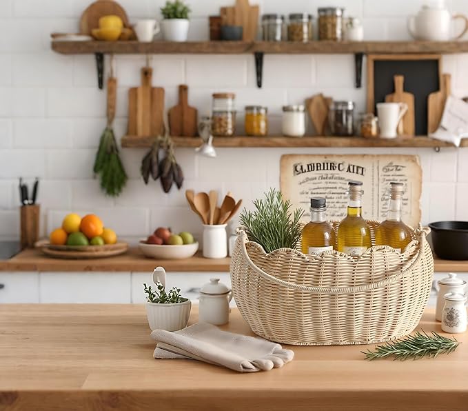 Scalloped Round Basket with Handle, Super Sturdy Wicker Storage Baskets, Hand Woven Basket for Shelves,Natural Baskets for Organizing (White Rattan 12.6"*9"*6.1")