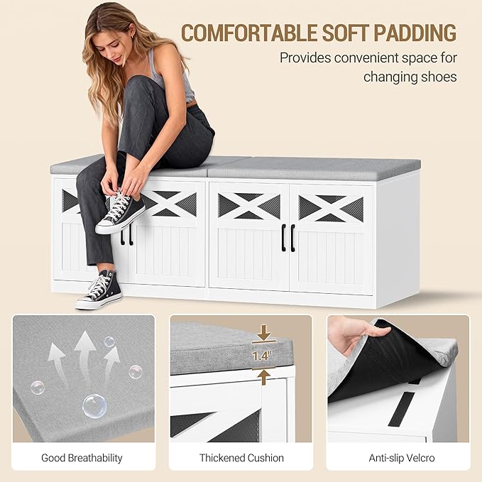 2 Tier Shoe Storage Bench with Doors, 59" Farmhouse Shoe Bench with Padded Cushion, 12-16 Pairs of Bed End Bench, Entryway Bench with Storage for Bedroom, Living Room, White SB61503X