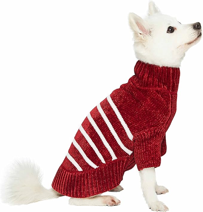 Blueberry Pet Cozy Soft Chenille Classy Striped Dog Sweater in Burgundy Red, Back Length 14", Pack of 1 Clothes for Dogs