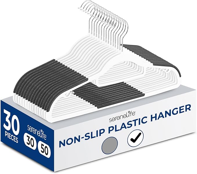 SereneLife Plastic Clothes Hangers, 30-Pack Hanger Set with Non-Slip Rubber Pads and 360° Swivel Metal Hook, Durable White Hangers for Shirts, Pants, Dresses, Space-Saving Closet Organizer
