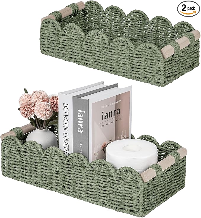 CubesLand Toilet Paper Storage Basket, Scalloped Edge Shelves Basket for Organizing for Over Toilet Tank Storage, Home Decor Baskets for Shelf, Countertop, Living Room, Bedroom, Handwoven, Green