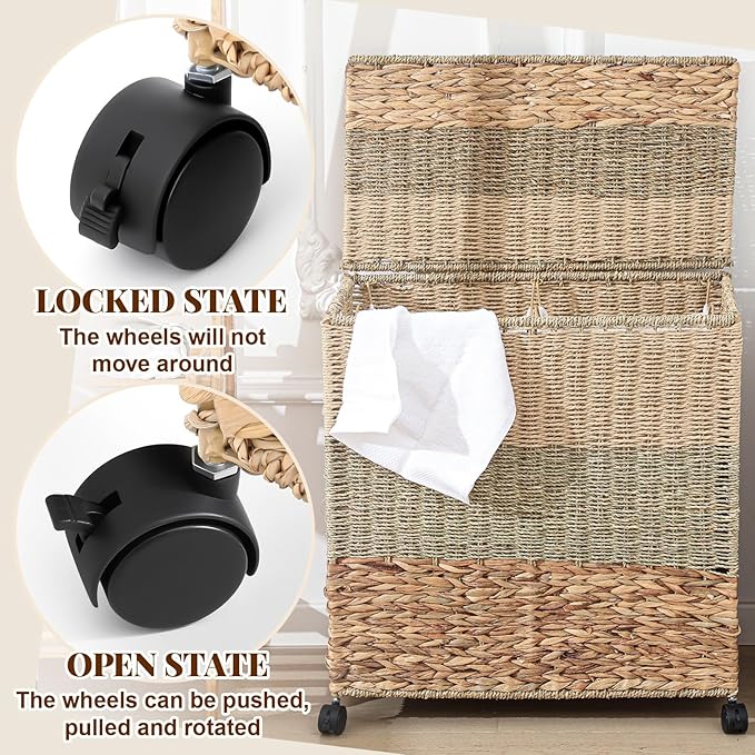 120 L Rolling Wicker Laundry Basket with Wheels Laundry Hamper with Lid Decorative Woven Hamper with Washable Removable Liner Bags and Handles for Clothes Natural Water Hyacinth (2 Sections)