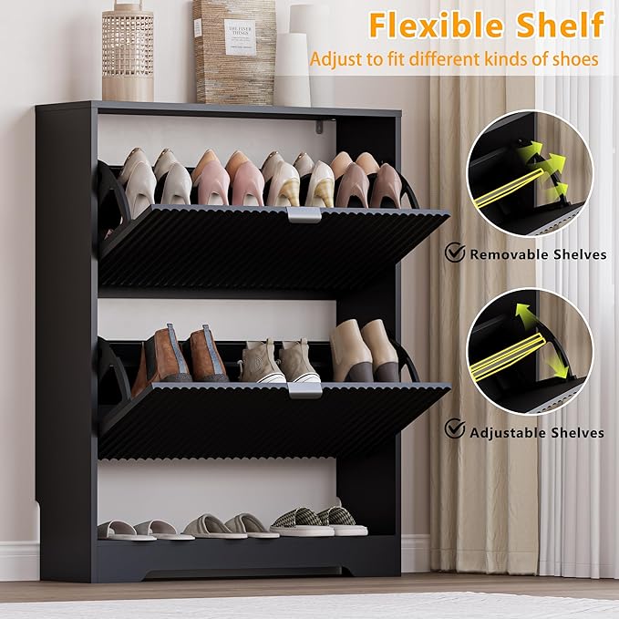 Shoe Cabinet with 2 Flip Drawers, Fluted Shoe Storage Cabinet with Adjustable Shelves, Freestanding Rack and Organizer for Entryway, Closet, Hallway