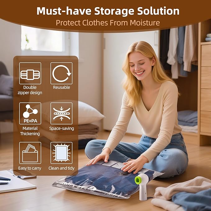 12 Pack Vacuum Bags for Travel with Rechargeable Air Pump Equipped LED Light, Vacuum Storage Bags(4L+4M+4S), 80% Space Saver Vacuum Seal Bags for Blankets, Comforters, Lugggage