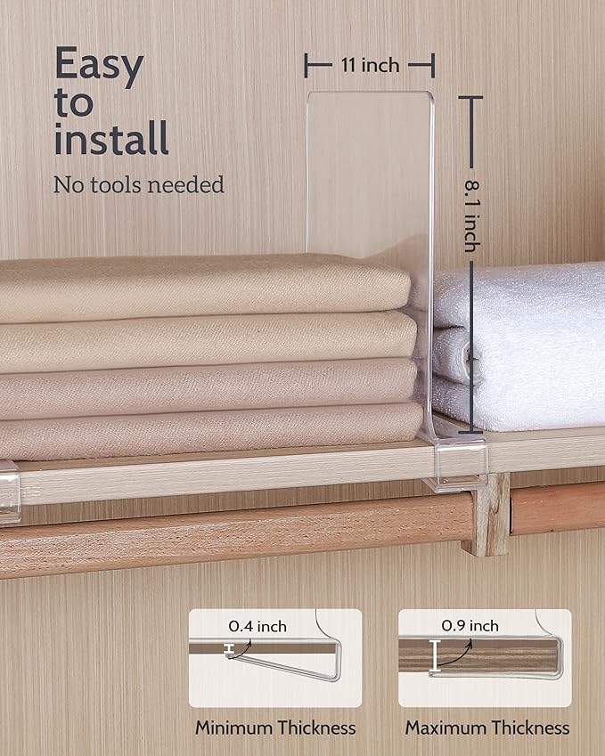 Clear Acrylic Shelf Dividers, Closet Shelf Divider and Closet Separator for Organization in Bedroom, Kitchen and Office Plastic Shelves 12 PCS