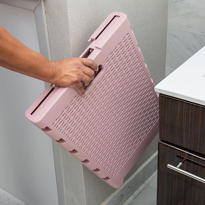 Mind Reader 61L Foldable Laundry Hamper, Clothes Basket, Lid, Wicker Design, Plastic, 18"L x 14.5"W x 21.25"H, Pink