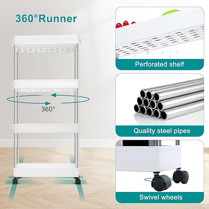 YSSOA Rolling Storage Cart, 4 Tier Slim Mobile Shelving Unit for Storage,360° Rotating Wheel Lockable Utility Cart,Great for Office, Kitchen, Bathroom, Laundry or Narrow Spaces, White