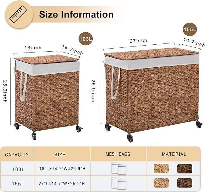 2-Section Laundry Hamper with Lid, Large Capacity Woven Natural Water Hyacinth Laundry Sorter with Removable Liners, Rolling or Non-Slip Design for Bedroom (Espresso, 100L)