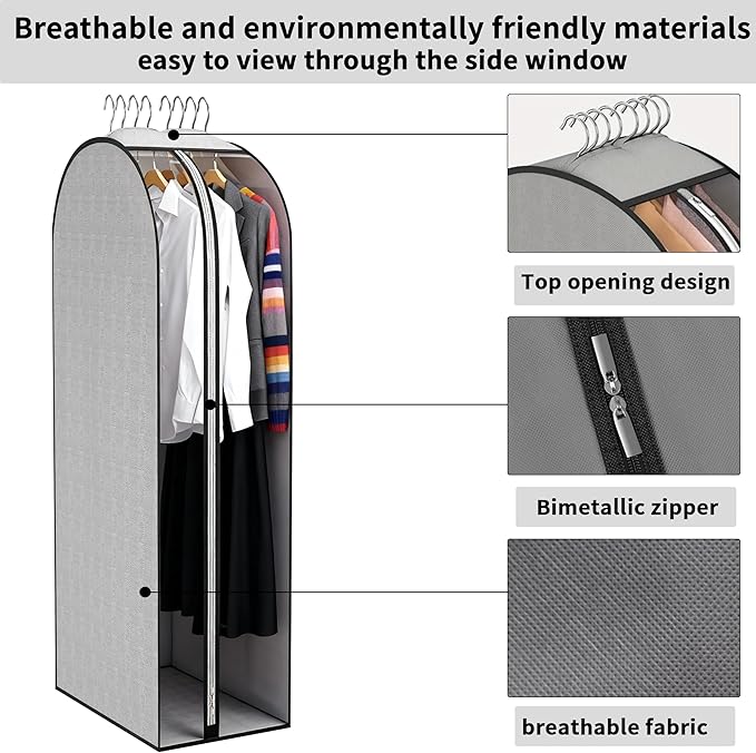 3 Pcs 10" Gusseted Garment Bags, 40" & 50" PEVA Moth-Proof Breathable Dust Cover,Garment Bags,Hanging Clothes Covers with Bedroom, Suits, Padded Clothes, Shirts Prevent Dust