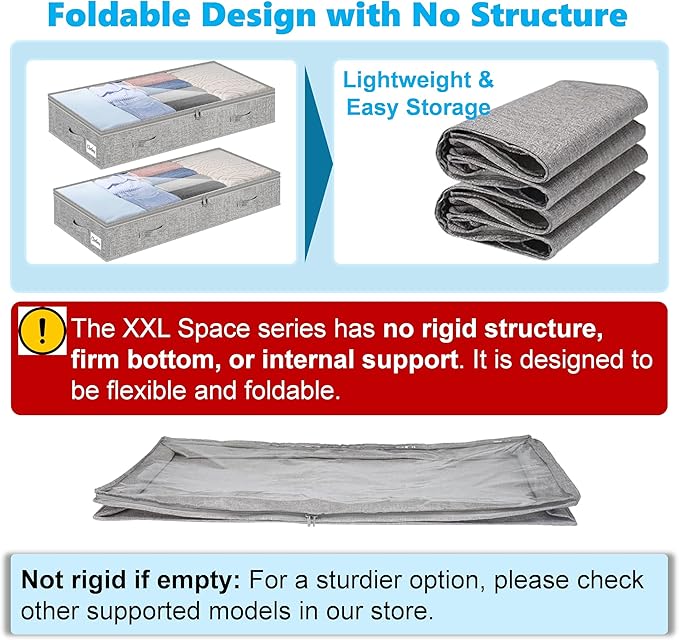 4 Pack 100L Under Bed Storage Containers, Low Profile Closet Organizers and Storage Bins for Dorm, Foldable Underbed Bag for Clothes, Blanket, Sheets, Wrapping Paper, Clear Window & Dual Zippers, Grey