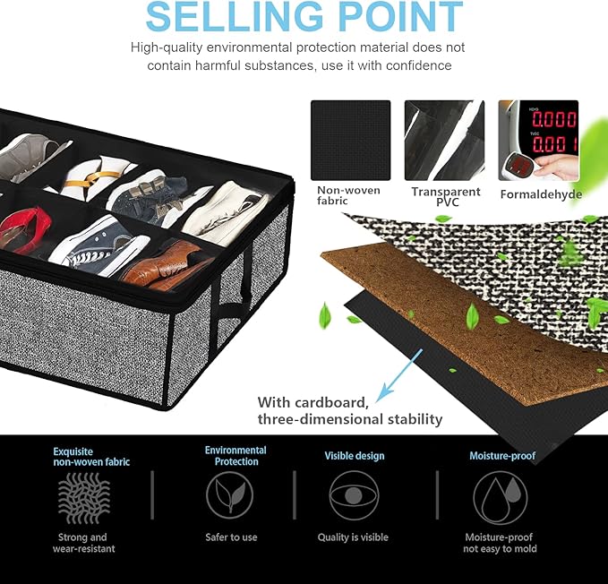 Under Bed Shoe Organizer Storage for Closet 2 Pack- Fits 24 Pairs Underbed Shoes Container Boxes with H Shap Sturdy Handles and Clear Window,Foldable Shoe Rack Holder,Black