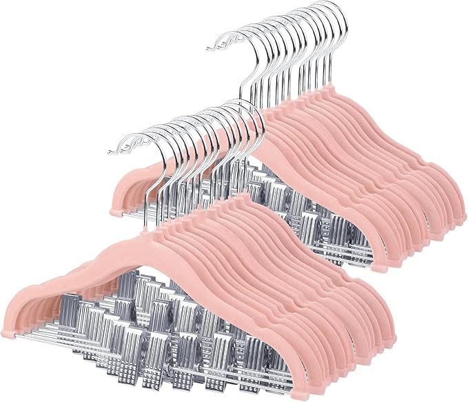 ManGotree 11.8'' Baby Velvet Hangers with Movable Clips, Non-Slip Kids Felt Hangers, Ultra-Thin Space-Saving Children's Clothes Hangers for Skirts, Pants, Dresses, Shirts, Jackets (28 Pack, Pink)