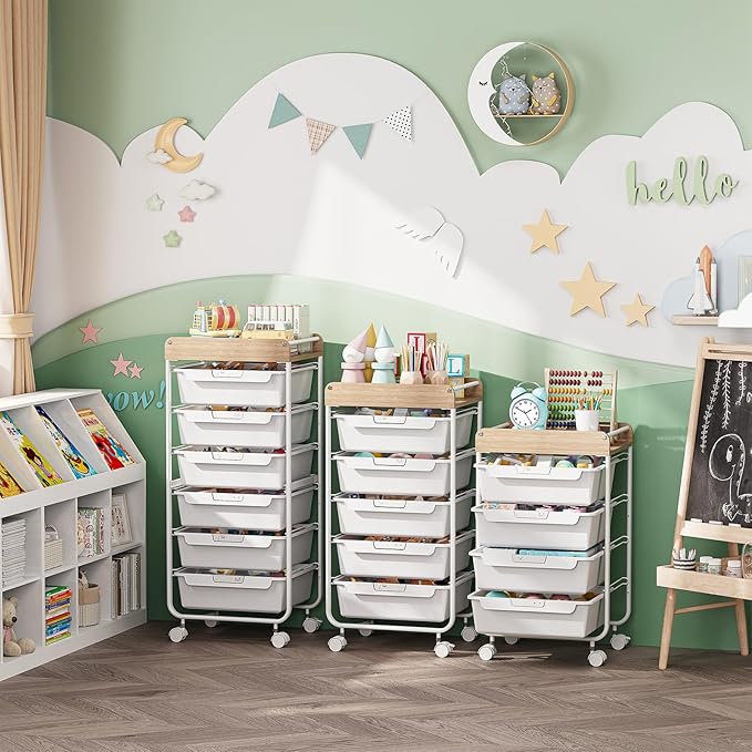 APEXCHASER 6-Drawer Plastic Organizers on Wheels,Rolling Storage Cart with Wooden Top, Mobile Drawer Unit for Classroom, Crafts, Art Supplies, and Home Organization,White