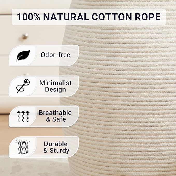 Fiona's magic Cotton Rope Laundry Hamper Basket, 65L Woven Large Laundry Basket, Tall Dirty Clothes Hamper for Storage Blankets, Toys in Bedroom, Living Room Organizing-Collapsible-Beige