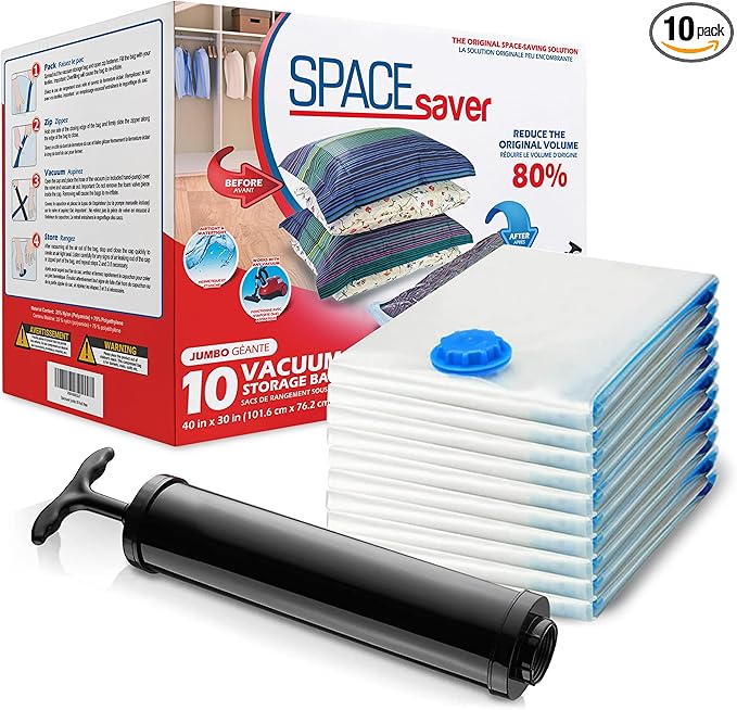 10 Pack Jumbo Vacuum Storage Bags for Comforters, Blankets & Clothes – Jumbo Vacuum Sealed Compression Bags with Hand Pump – Space Saver Storage Bags for Bedding, Moving, Travel & Organization