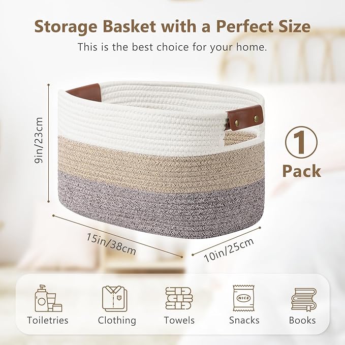 Cotton Rope Basket, Storage Baskets with Handle, 15x10x9 Inch Woven Basket for Shelves, Laundry, Towels, Clothes, Books, (Gradient Brown 1 Pack)