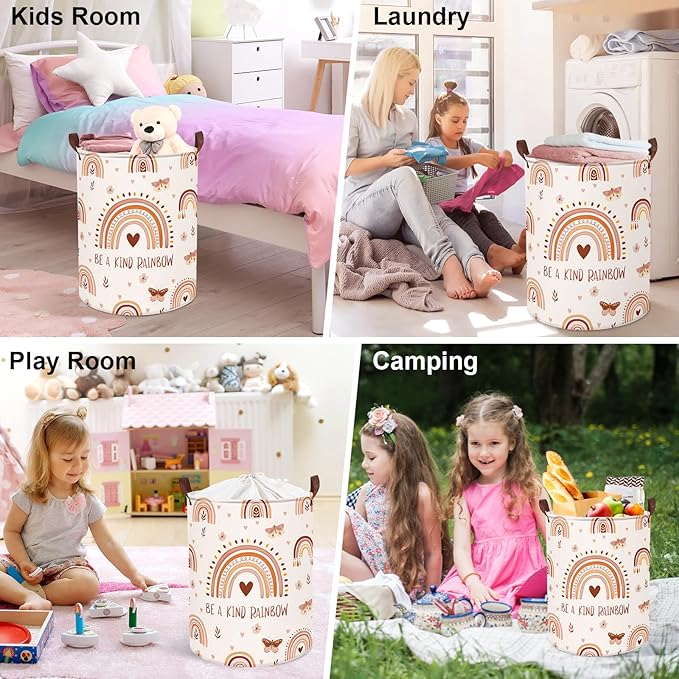 Clastyle 45L Boho Rainbow Laundry Hamper with Handle Drawstring Waterproof Butterfly Flowers Pink Laundry Basket Round Clothes Toys Heart Basket for Nursery Room