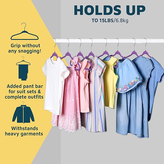 Purple Velvet Kids Hangers 30 Pack, 10.83" Non-Slip Baby & Toddler Hangers for Clothes, Space-Saving Slim ABS Plastic with 360° Swivel Hook & Notched Shoulders, Up to 10 lb Capacity