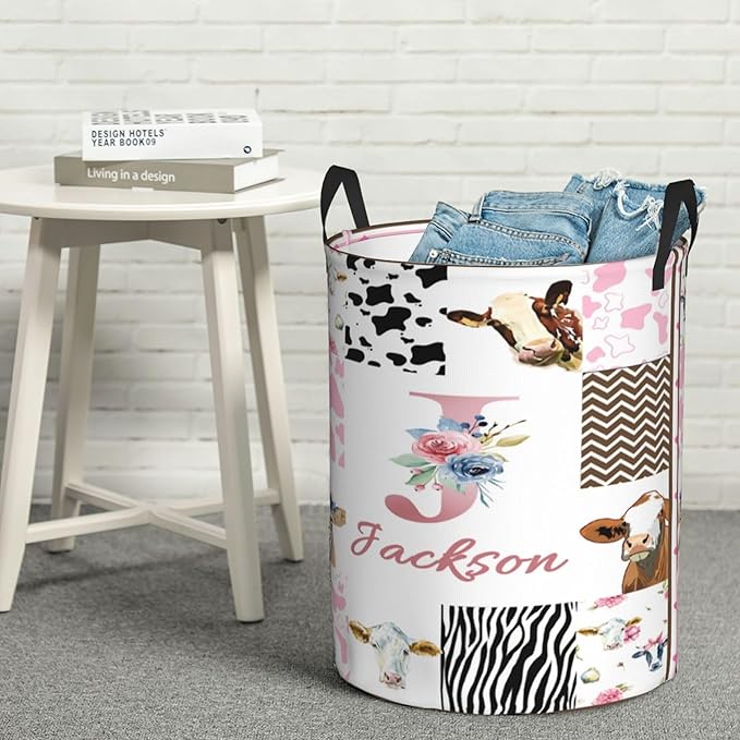 Personalized Cow Laundry Basket For Baby Kids Boys Girls Adult Custom Hamper Basket With Name For Bathroom Bedrooms Collapsible Baby Dirty Clothes Hamper With Handles