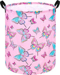 Round Pink Butterfly Laundry Basket Storage Bins Nursery Hamper Gift Baskets for Home,Office,Home Decor