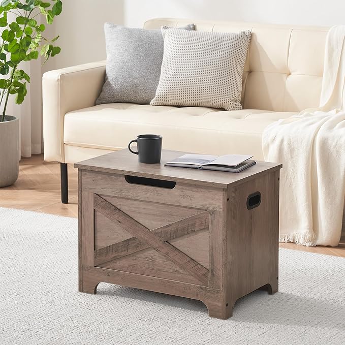 GAOMON Storage Chest, Wood Storage Bench with Seating and Safety Hinge, Entryway Bench with Storage, Farmhouse Storage Chest Trunk for Bedroom, Living Room, Grey