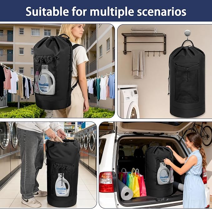 Laundry Bag Backpack with 3 Sizes Mesh Wash Bags and Shoulder Straps Foldable Clothes Hamper Bag with Drawstring Closure for College, Apartment, Laundromat (Black)