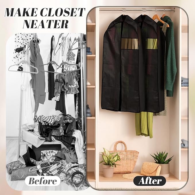 2 Pcs 10" Gusseted Garment Bags for Hanging Clothes Dress Bags for Gowns Long Closet Waterproof Garment Covers Wedding Dress Cover Traveling Clothes Protector (Black,54 Inch)