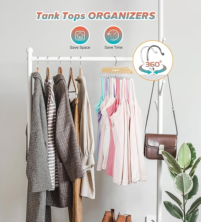 Bra Hanger for Closet, Tank Top Hanger w/20 Hooks Capacity Foldable Wood Space Saving Hangers, 360°Rotating Closet Organizers and Storage for Dorm & Apartment for Bra Scarf Ties(1 Pack)