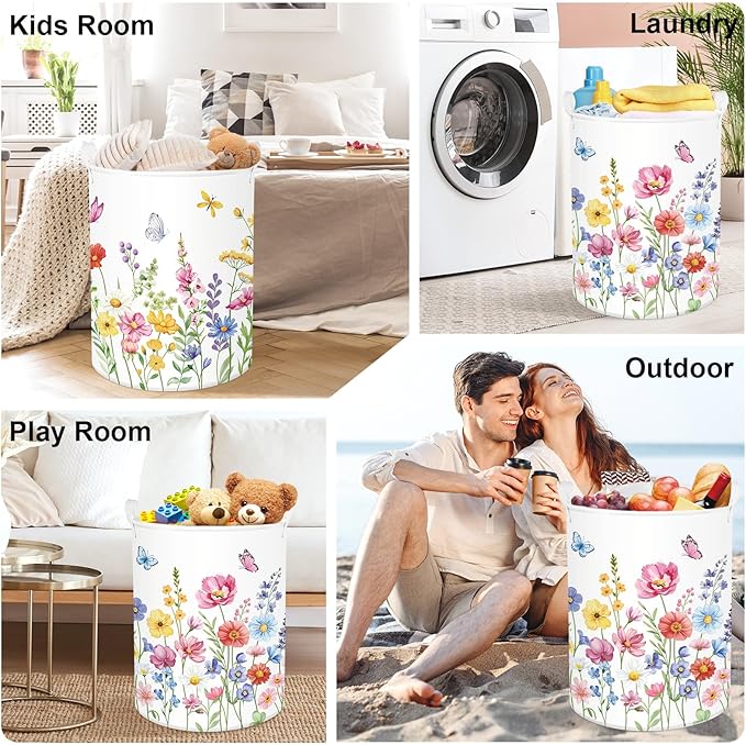 Colourful Flowers Laundry Hamper Large Storage Basket Floral Collapsible Adult Organizer Kids Clothes Toys Bins for Bedroom, Bathroom, Pinkish Purple, 63L