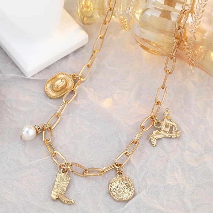 Chunky Gold Necklace for Women Gold Evil Eye Cowboy Pendant Necklace Dainty Paperclip Chain Vintage Luck Amulet Choker Necklaces Celestial Jewelry Gift