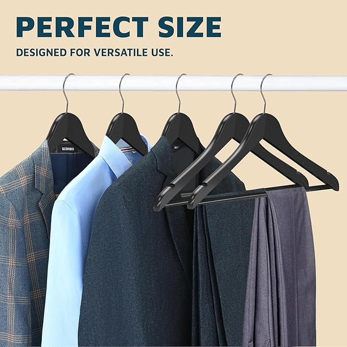 Lifemaster Wooden Clothes Hangers – with 360 Degree Swivel Hook and Non-Slip Shoulder Notch, Holds Up to 10 lbs, Pants Bar Design, for Organizing Suit, Dress, Coat, and Clothes, Pack of 10, Black