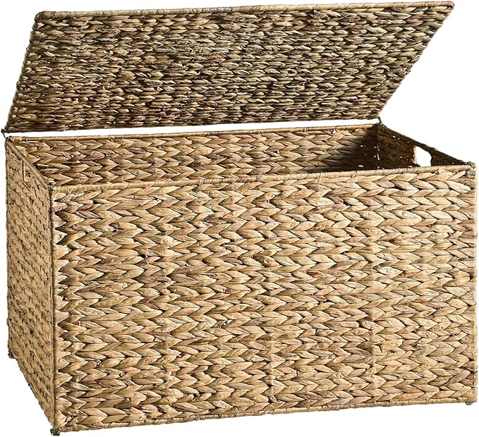 Water Hyacinth Storage Basket with Lid, 42.3 Gallon (160L) Blanket Storage Basket with Handles, Woven Storage Bin, Foldable, Metal Frame, for Bedroom, Laundry Room, Natural