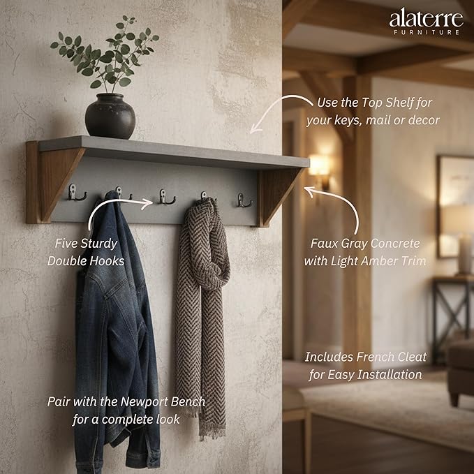Alaterre Furniture Newport Entryway Collection – 40" Modern Industrial Wall Mounted Coat Rack with 5 Steel Double Hooks & Top Shelf – Easy Hang for Entryway, Hallway, or Mudroom (Concrete Gray)