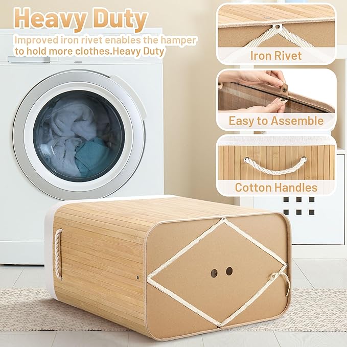 150L Laundry Hamper with lid, 3-Section Clothes Laundry Basket with Handles, Large Collapsible Bamboo Baskets for Bedroom, Bathroom, Dorm, Natural Beige