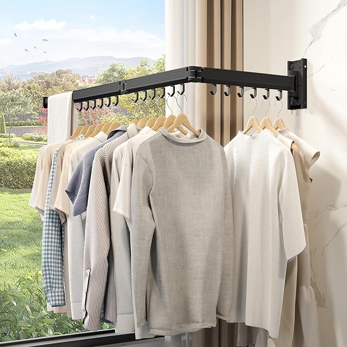 Wall Mounted Clothes Drying Rack, Collapsible Laundry Drying Rack, Retractable Foldable Drying Rack Clothing for Hanging Clothes,Black-Hooks