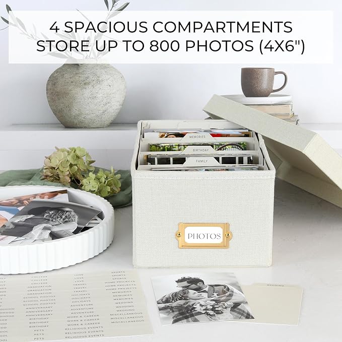 ZICOTO Decorative Photo Storage Box - Sturdy Linen Photo Organizer with Dividers is Perfect to Store Up to 850 Pictures and 4x6 Photos - Portable Scrapbook Storage Containers with Lid