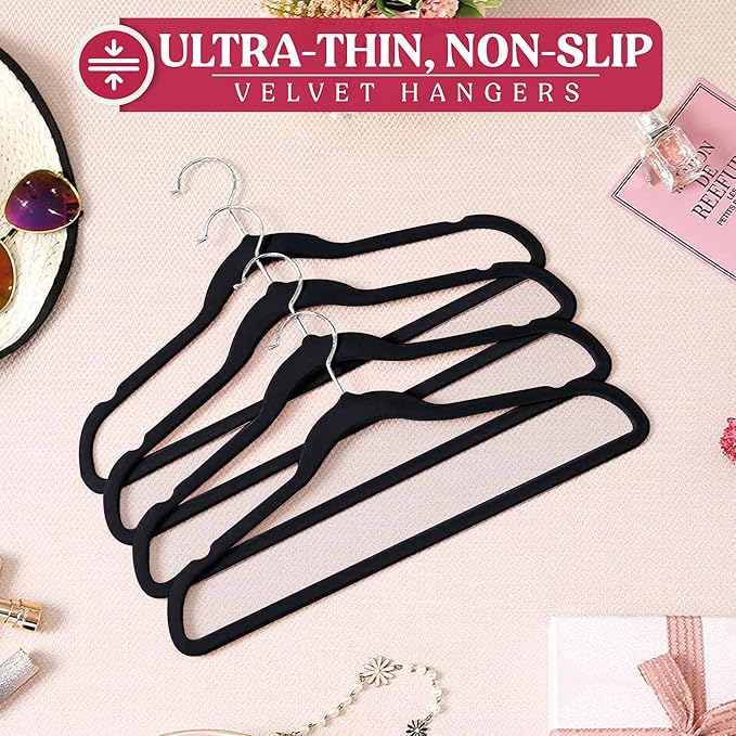 LDC Black Velvet Hangers 100 Pack - Premium Non-Slip Clothes Coat Pants Felt Hanger for Closet - Heavy Duty Space Saving 360° Swivel Hook Hangars – Black