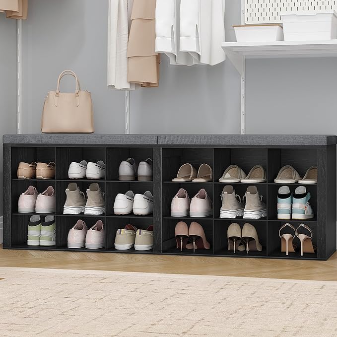 Shoe Storage Bench with Cushion, Entryway Storage Bench with 18 Cubbies, 9.5" Widened Organizer Cabinet, Long Cubby Rack for Living Room, Bedroom, Entryway, Black SB25704GY